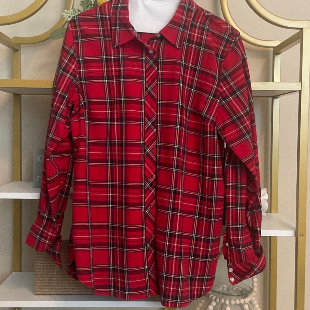 Talbots Red Plaid Button-Front Shirt with Navy Accents
